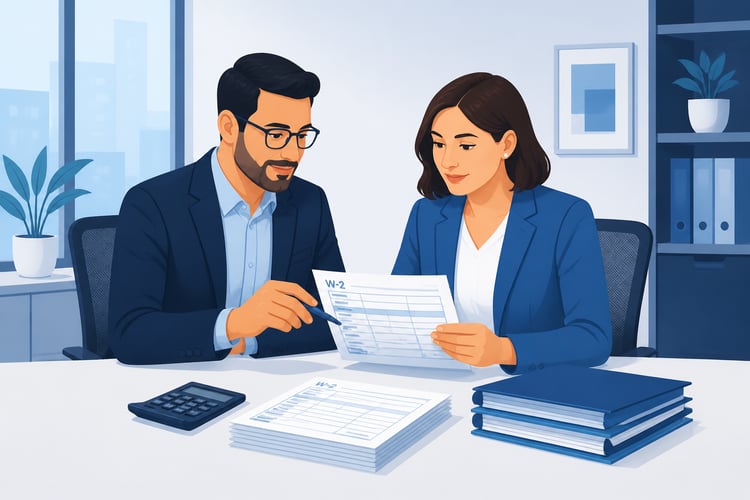 Tax preparer and HR professional reviewing W-2 forms
