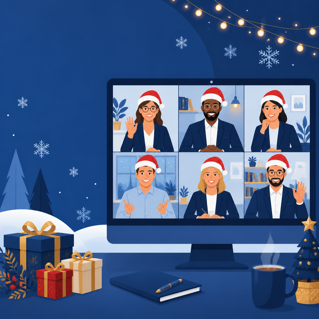 Festive holiday-themed illustration of professionals attending a virtual webinar